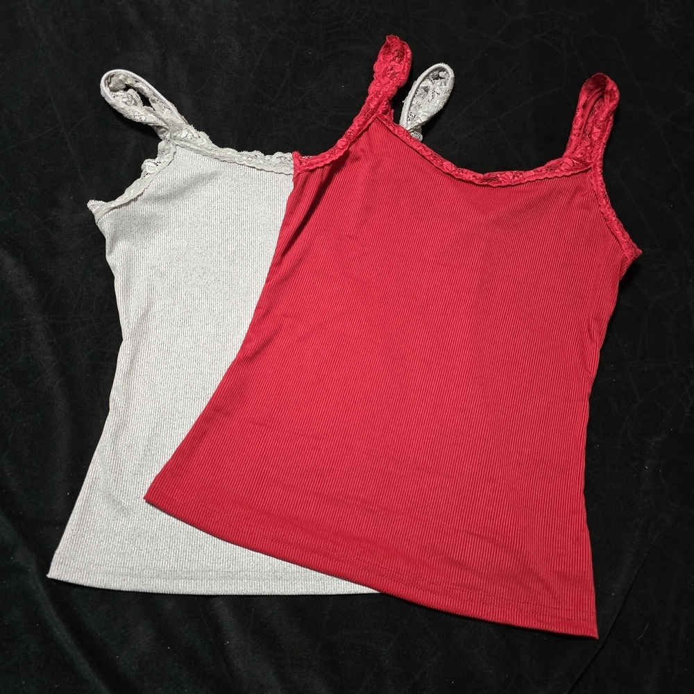 Women's Red and Gray Lace Trim Tops